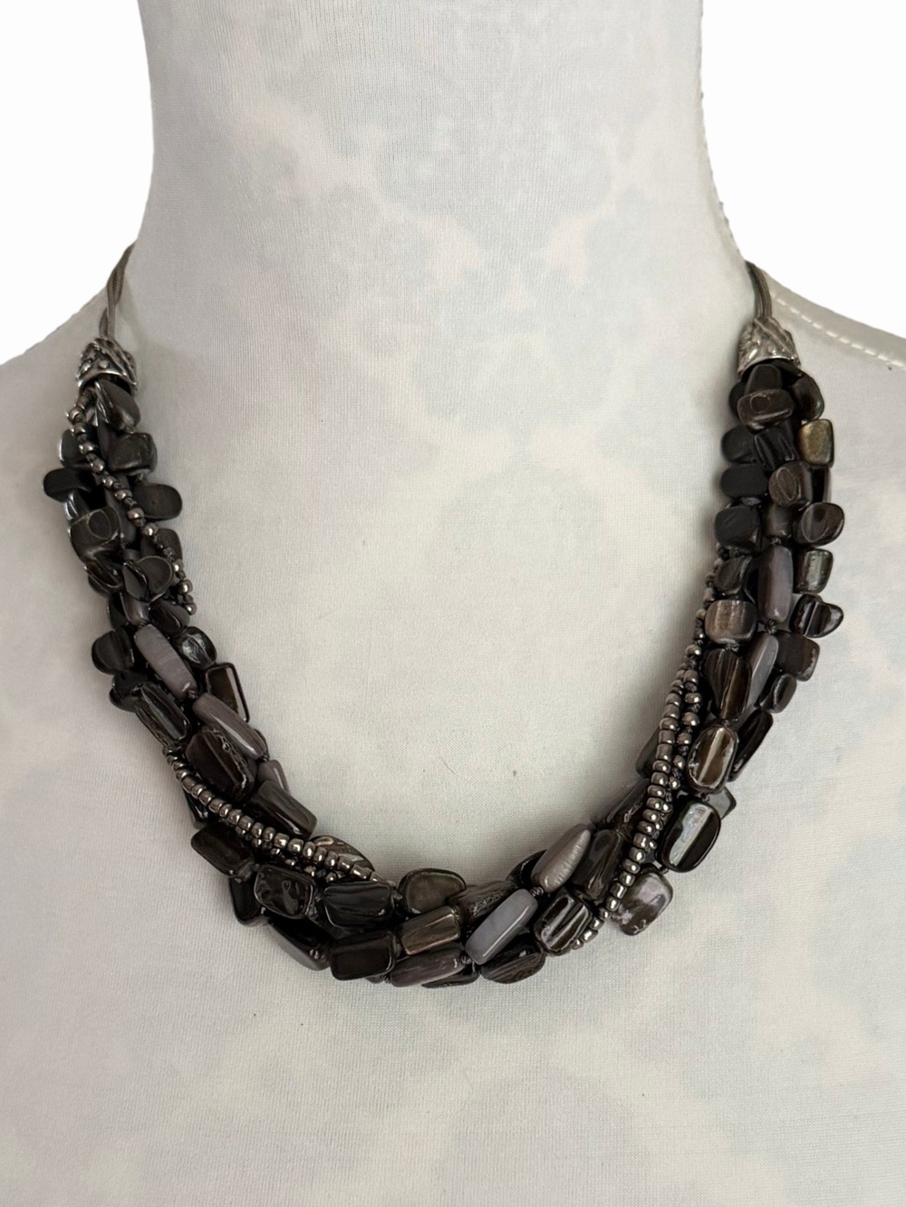 Coldwater Creek Multi Strand Gray Beaded Statement Necklace Silver Tone
